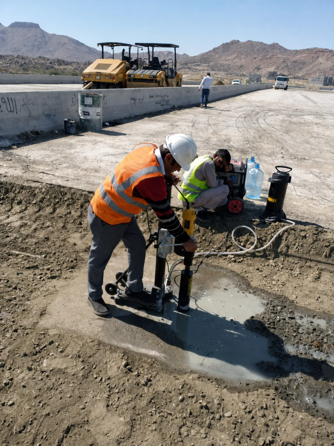 Technicians operating a concrete core-drilling machine at a roadway site