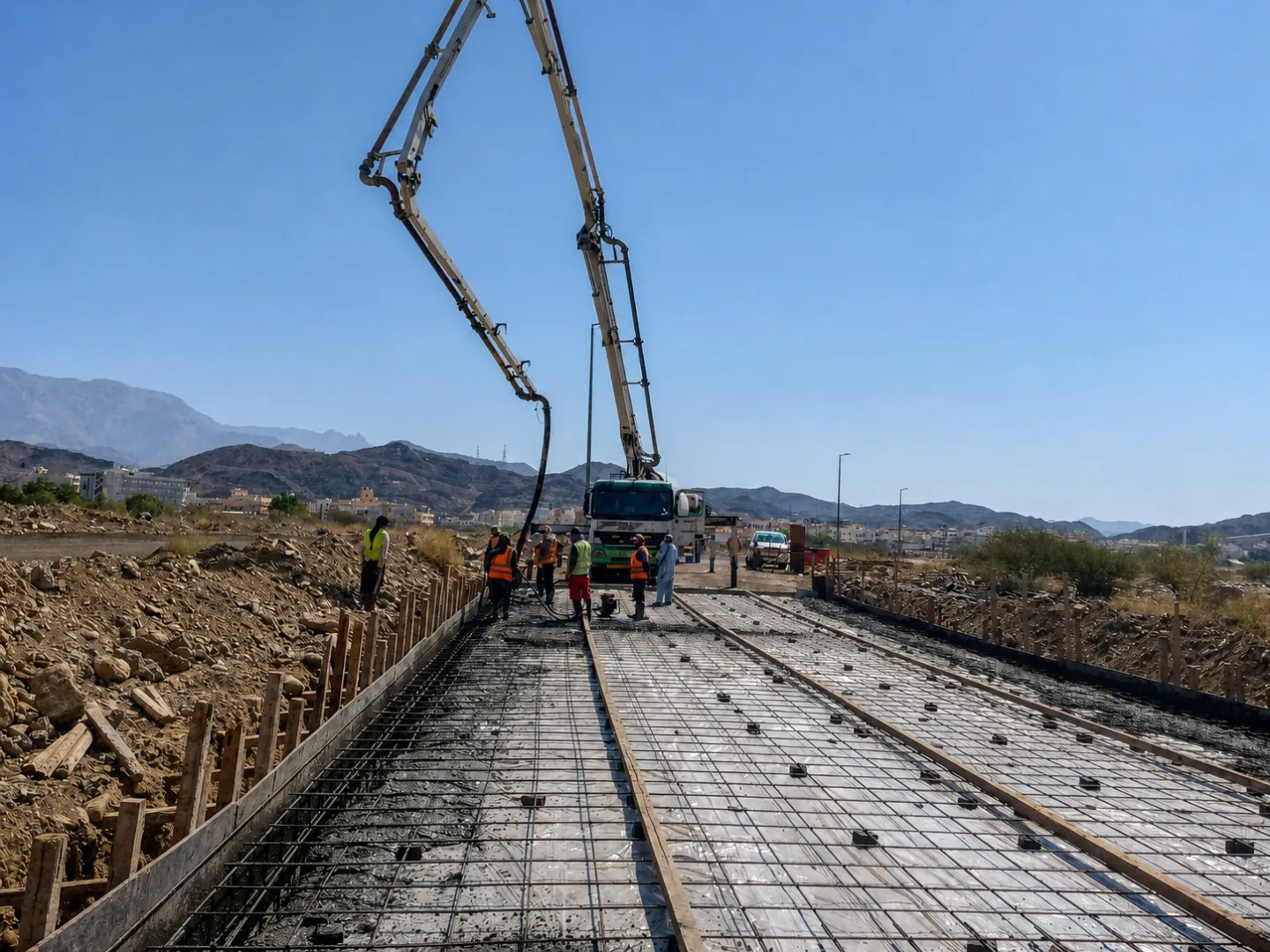 Concrete boom pump placing concrete over reinforced roadway slab