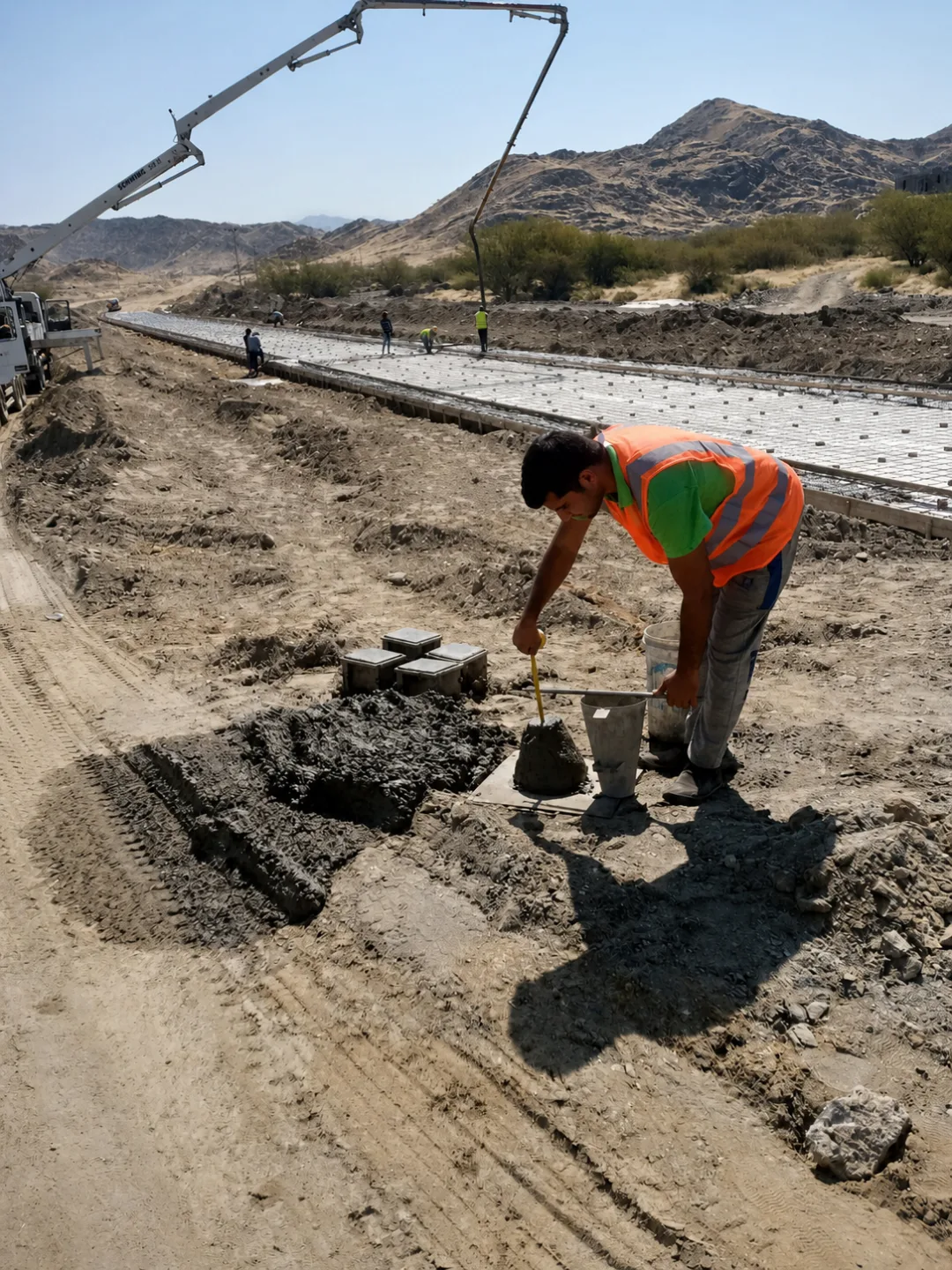 Technician checking the slump of fresh concrete at a roadway project