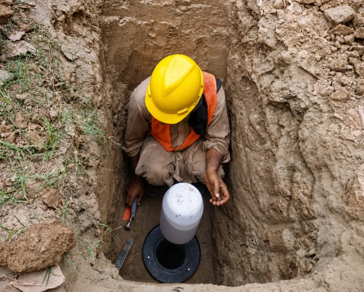 Technician conducting a field density test in an excavation
