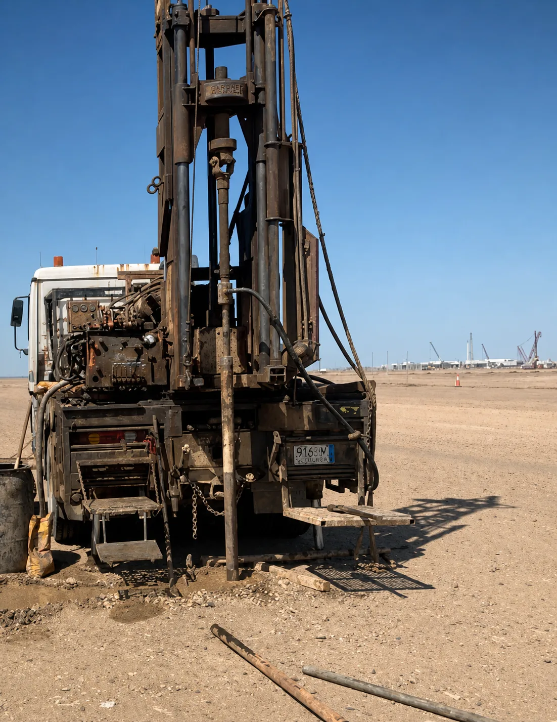 Truck-mounted geotechnical drilling rig at a field site
