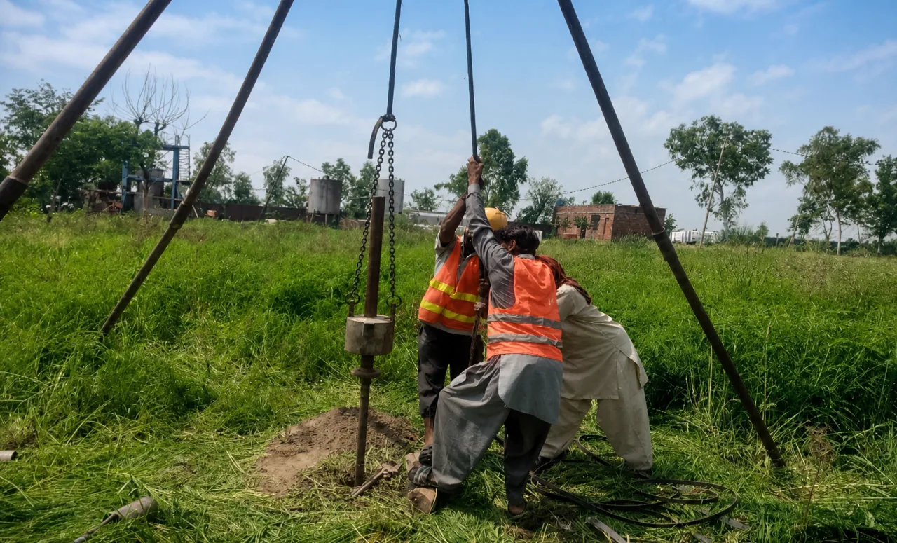Crew conducting a geotechnical investigation in a grass field