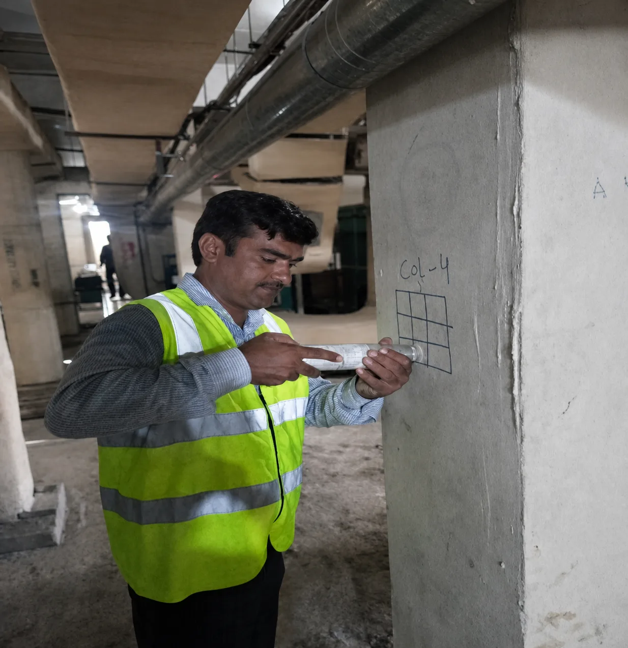 Technician performing non-destructive testing on a concrete column
